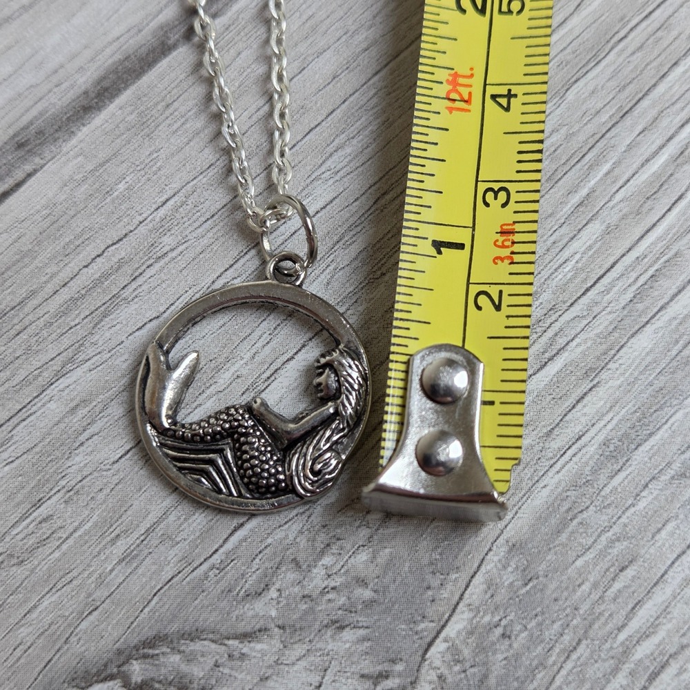 Mermaid Pendant Necklace Round Charm Chain Silver Tone Ocean Boho - Picture 5 of 5